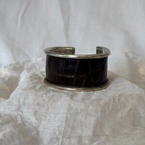 1990s LABELLE Solid Sterling Silver Bracelet Cuff, BROWN Leather Inlay